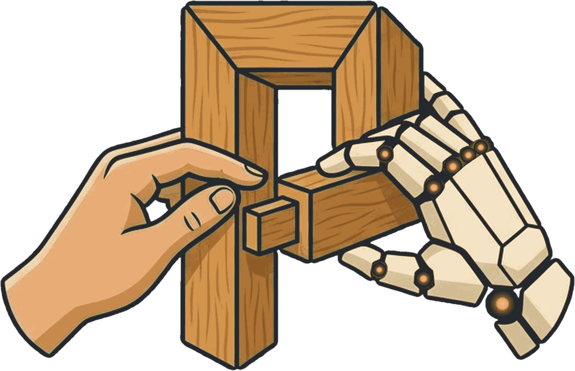 The Perfect Join logo: a human hand and a robot hand fit a timber tenon into a P-shaped frame.